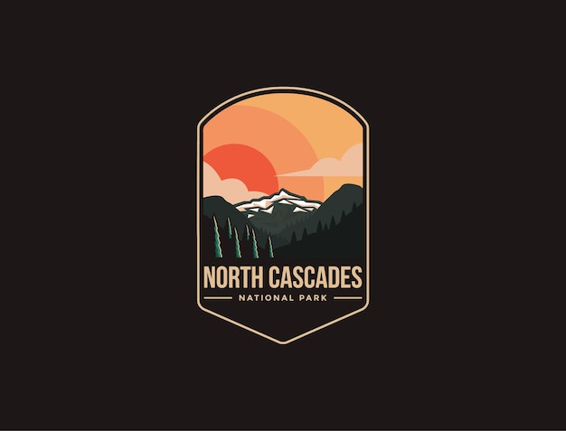 Эмблема патч логотип иллюстрации национального парка северный каскад на темном фоне