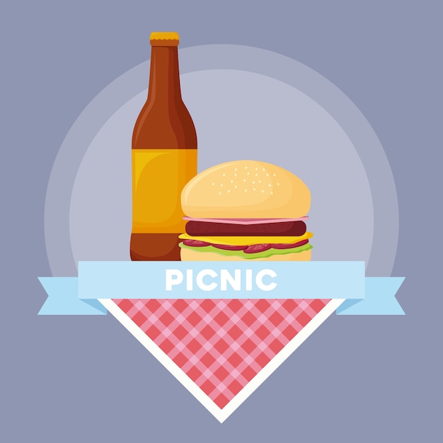 Emblema del concetto di pic-nic con bottiglia di birra e hamburger