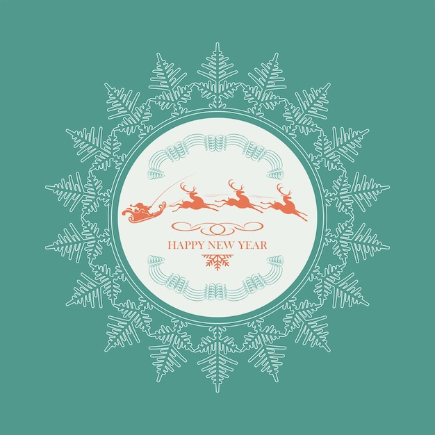Emblem of Santa Claus on running reindeers inside a snowflake