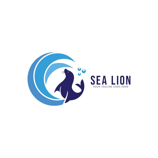 emblem of sea seal silhouette with water splash.