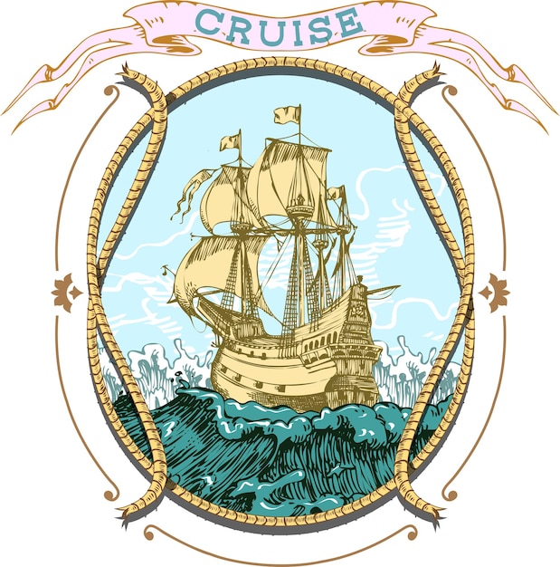 The emblem of sea voyages regattas cruises in the style of retro graphic line art