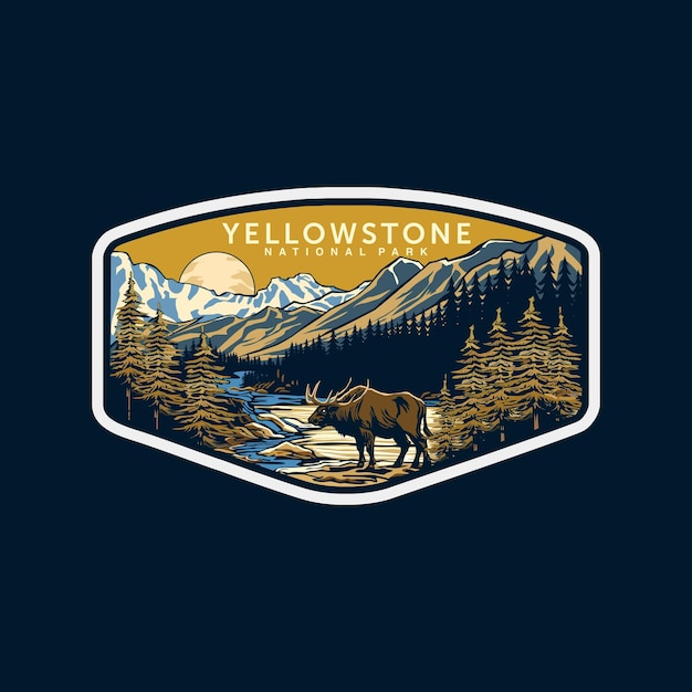 Illustrazione del logo dell'emblema, dell'etichetta adesiva e del parco nazionale di yellowstone