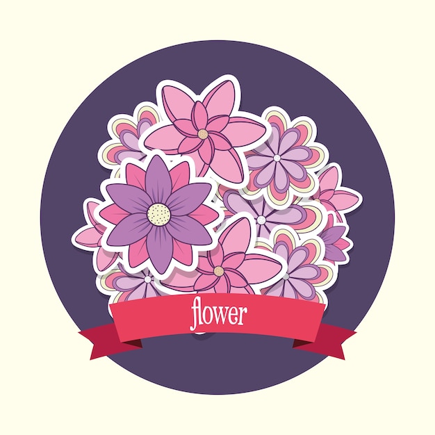 Vector emblem with beautiful flowers and decorative ribbon