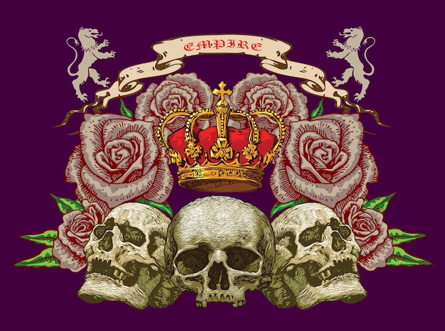 the emblem with skulls and roses in the image of the royal coat of arms in the style of art tattoo