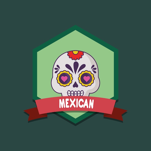 Vector emblem with sugar skull icon over green background, colorful design. vector illustration