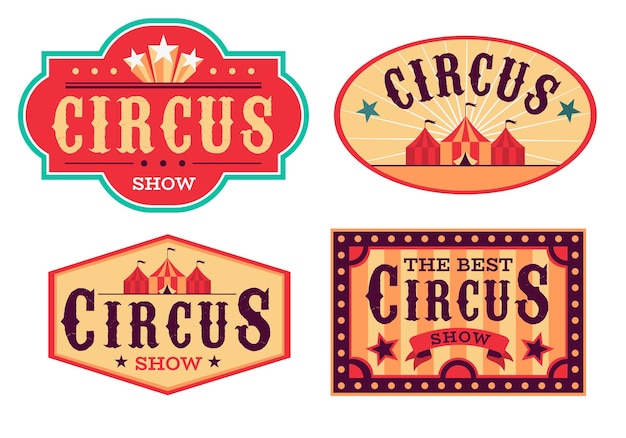 Emblems circus Fun carnival festival retro paper signboard invitational banners and posters event labels Red bright colors striped tents and letterings on ribbons vector flat cartoon isolated set