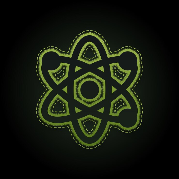 Vector embossed green neon atom icon with editable dark background