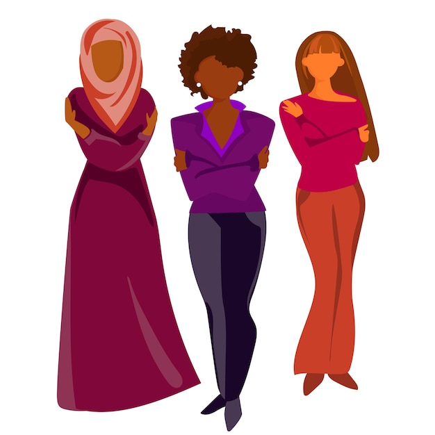 벡터 주식 개념을 받아들입니다. 국적이 다른 아프리카, 유럽, 무슬림 여성들이 자신을 포용합니다.
