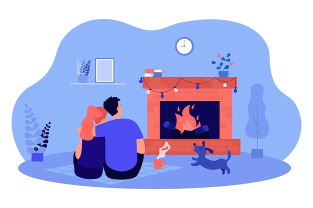 Vector embraces of couple sitting on floor near fireplace at home. cozy evening time by fireside of people and dog flat vector illustration. love concept for banner, website design or landing web page