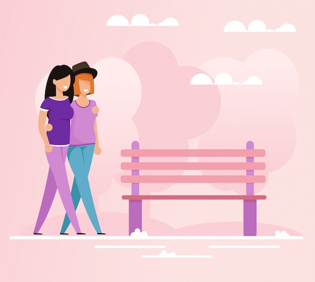 Embracing Lesbians Lovers Walking in Park Cartoon