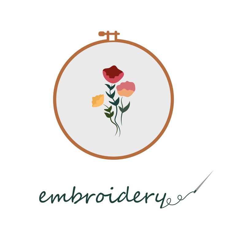 흰색 배경에 평평한 스타일의 자수 후프에 꽃을 자수 emb용 벡터 로고