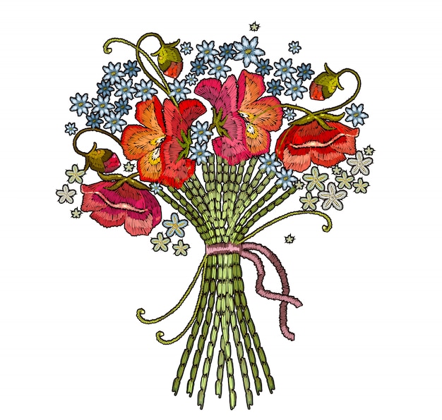 Vector embroidery bouquet of flowers