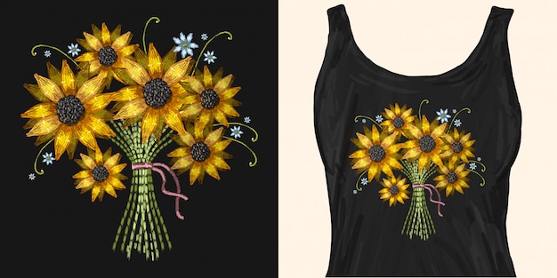 Vector embroidery bouquet of sunflowers