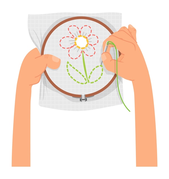 Embroidery craft. Hands sewing flower patch on fabric. Vector illustration.