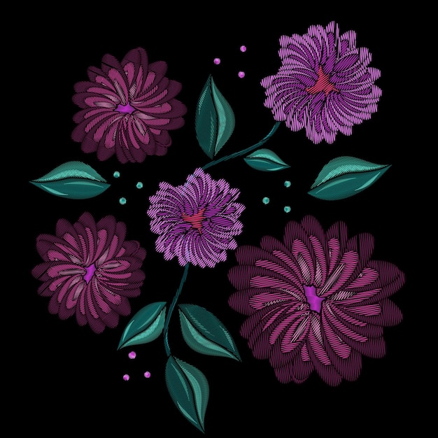 Embroidery floral patch with chrysanthemums trendy vector illustration