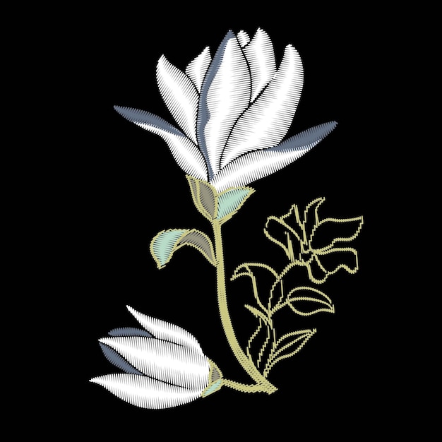 Embroidery floral pattern with magnolia on black background Vector fashion ornament