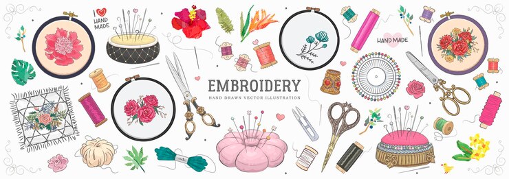Embroidery hand drawn vector elements set