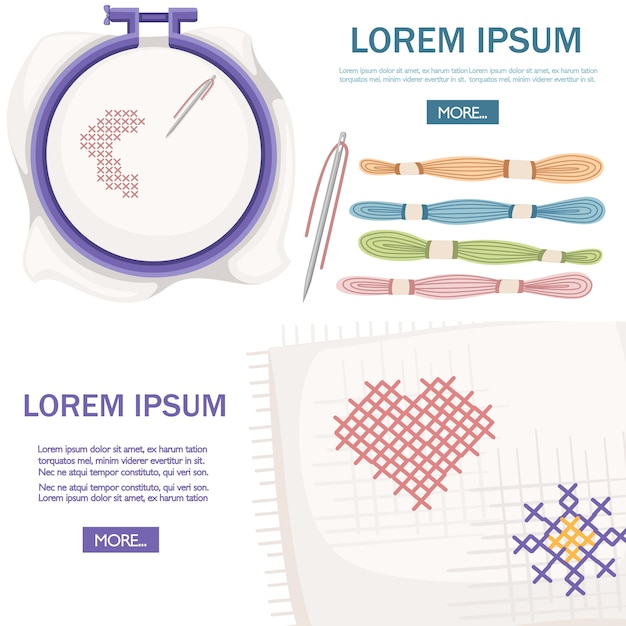 십자수 재봉 용 자수 후프. 보라색 플라스틱 후프, 스테인리스 스틸 바늘, 컬러 실. 마음과 태양 아이콘 손수건입니다. 흰색 배경에 그림입니다.