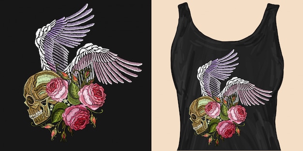 Вектор Вышивка человеческого черепа, ангельских крыльев и роз