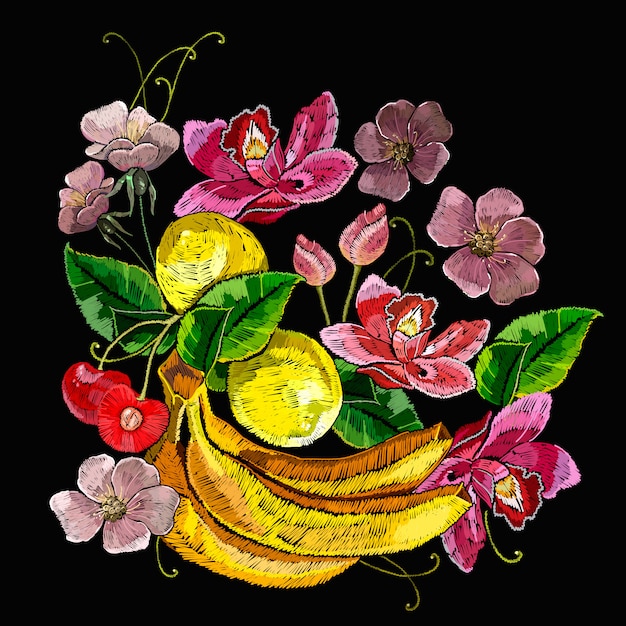 Vettore ricamo limoni, ciliegia, banane e fiori di loto