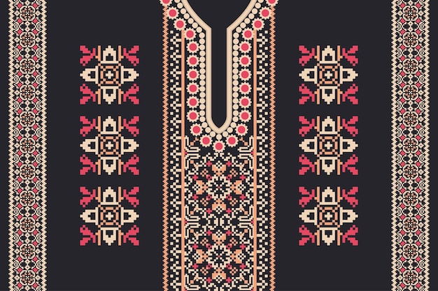 Vector embroidery neckline and ethnic neck collar pattern with geometric tribal background