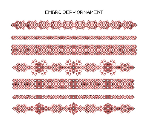 Vector embroidery ornament set red patterns seamless ornament needlework and handicraft fashion and trend graphic element for website cartoon flat vector collection isolated on white background