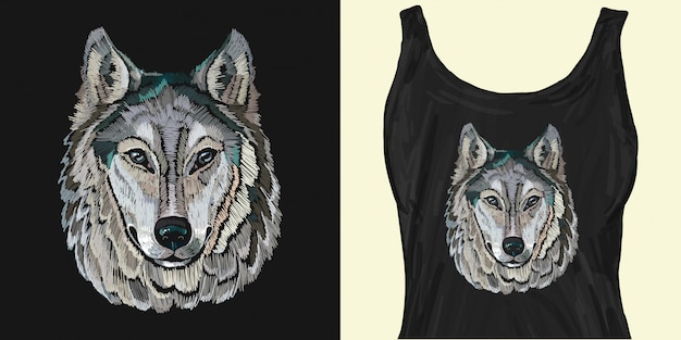 Vector embroidery. portrait of gray wolf