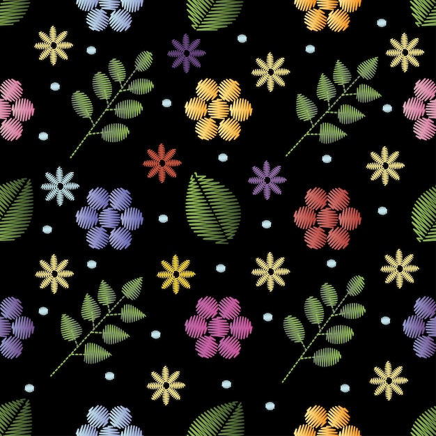 Vector embroidery seamless pattern with flowers.