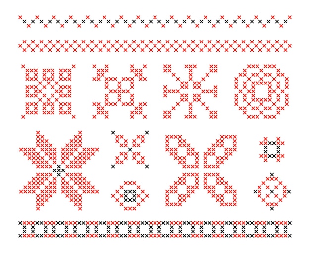 Vector embroidery stitch cross ornaments embroidery craft crosses pattern sewing stitched heart folk abstract ornament fabric symmetry elements vector set