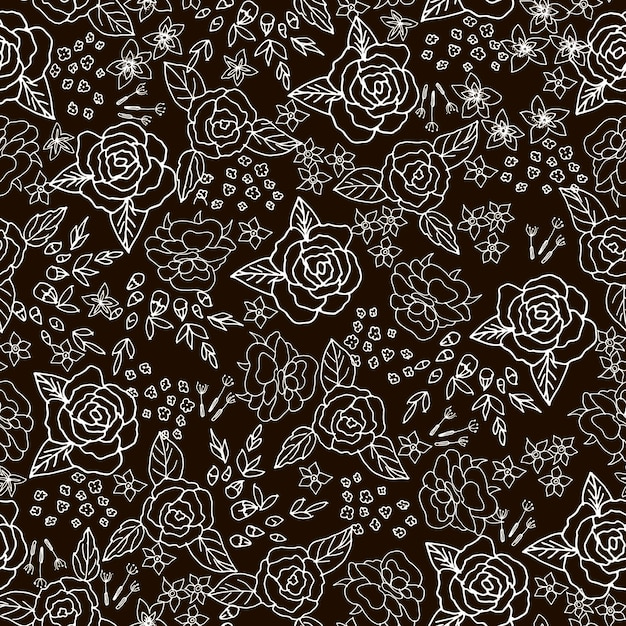 Vector embroidery stitches with roses meadow flowers monochrome
