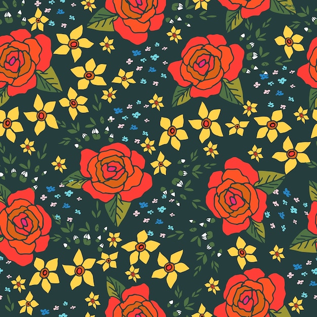 ベクトル バラの牧草地の花と刺繡ステッチ