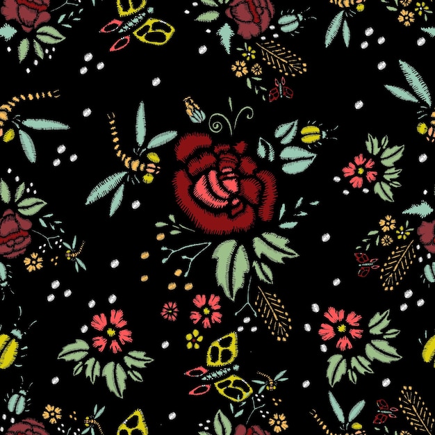 Embroidery Stitches With Roses Seamless Pattern