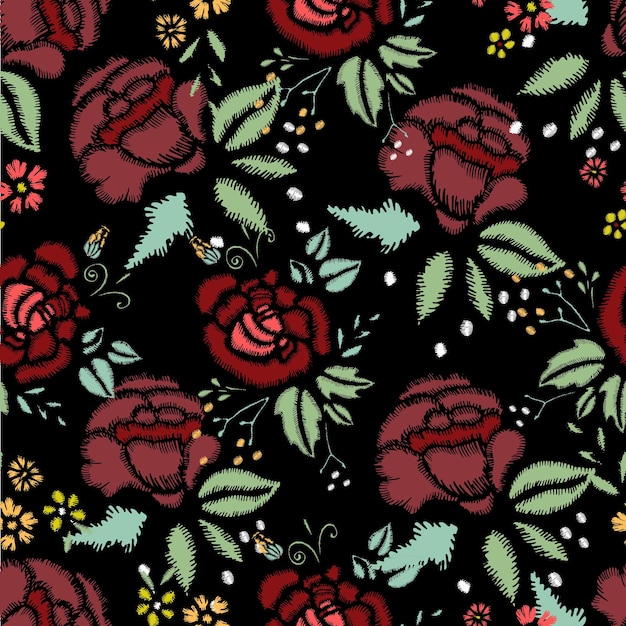 Embroidery Stitches With Roses Seamless Pattern