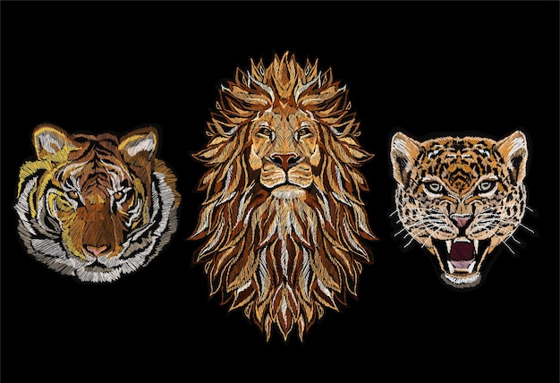 Embroidery vector colorful  pattern set  with lion, japanese tiger, leopard. Vector traditional folk fashion ornament on black background.