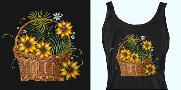 Embroidery wicker baskets and sunflowers