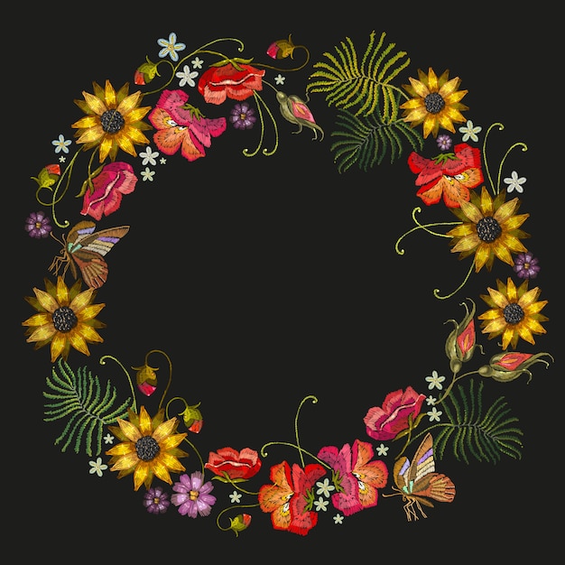 Vector embroidery wreath of flowers