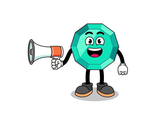 Emerald gemstone cartoon illustration holding megaphone