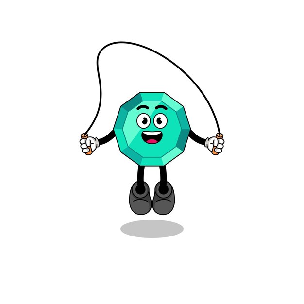 Emerald gemstone mascot cartoon is playing skipping rope