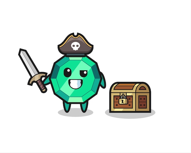 Il personaggio pirata della pietra preziosa smeraldo che tiene la spada accanto a una scatola del tesoro, design in stile carino per t-shirt, adesivo, elemento logo