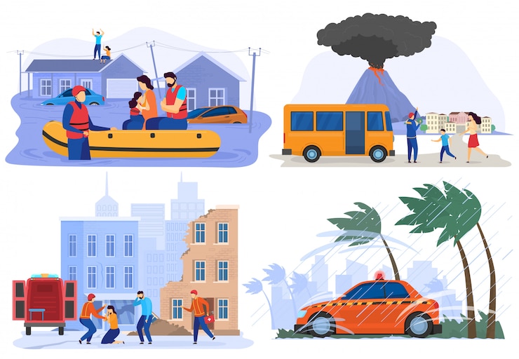 वेक्टर emergency evacuating people from natural disasters, flood, earthquake, vector illustration