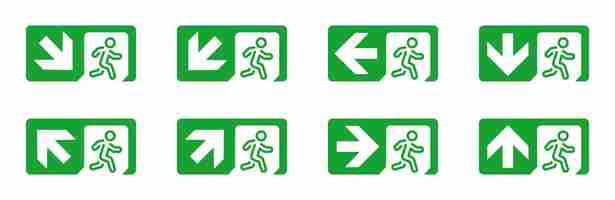 Vector emergency exit cion set green exit arrows evacuation direction flat style vector iconsemergency exit cion set green exit arrows evacuation direction flat style vector icons