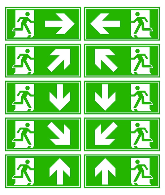 Emergency exit sign set bundle silhouette man running on the door arrow icon green color collection