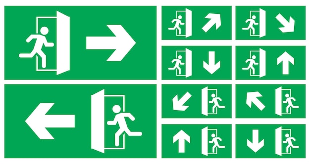 emergency exit sign set. green color, arrow vector. warning sign plate