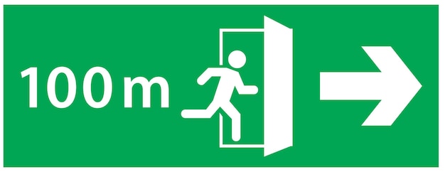 emergency exit sign set. running man icon to door, green color, meters number to the exit