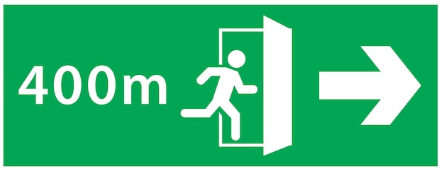 emergency exit sign set. running man icon to door, green color, meters number to the exit