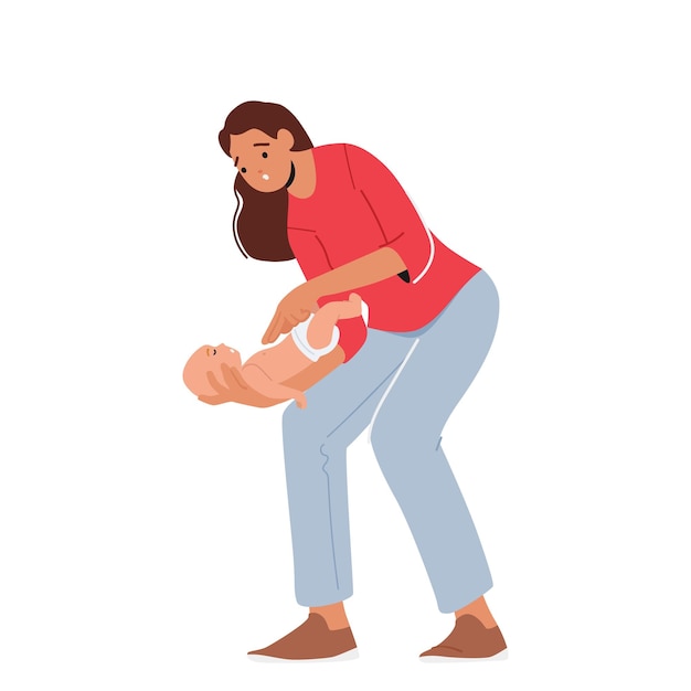 Emergency First Aid Food Verstikking Baby Vrouwelijk karakter Moeder probeert pasgeboren Chokebore Baby te reanimeren of te helpen