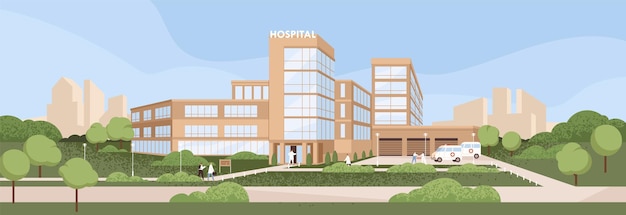 Emergency hospital building exterior with ambulance car parking. Health center, city public clinic construction, panorama. Outside of municipal medical healthcare office. Flat vector illustration.