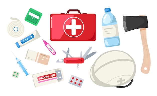 Emergency kit cartoon survival evacuatie-apparatuur met medische pillen zaklamp helm fles paraatheid ehbo-instrumenten vector geïsoleerde collectie