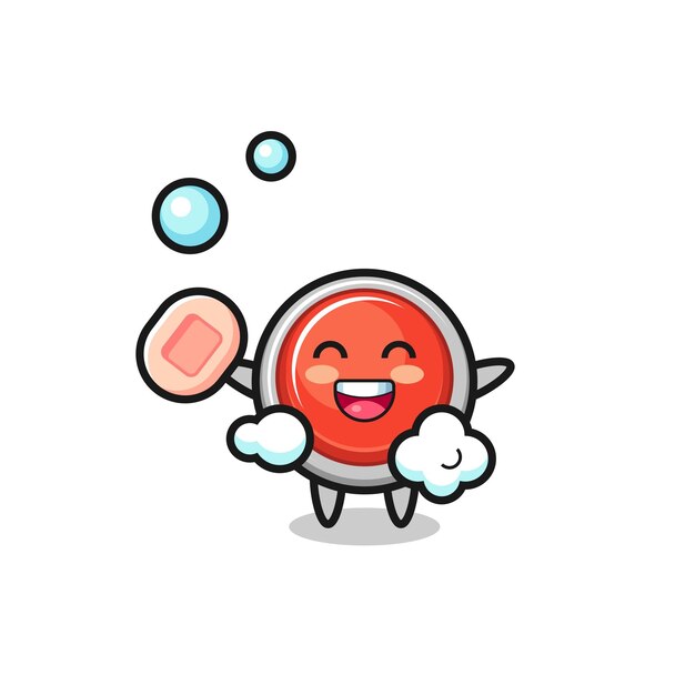 Emergency panic button character is bathing while holding soap