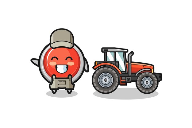 The emergency panic button farmer mascot standing beside a tractor